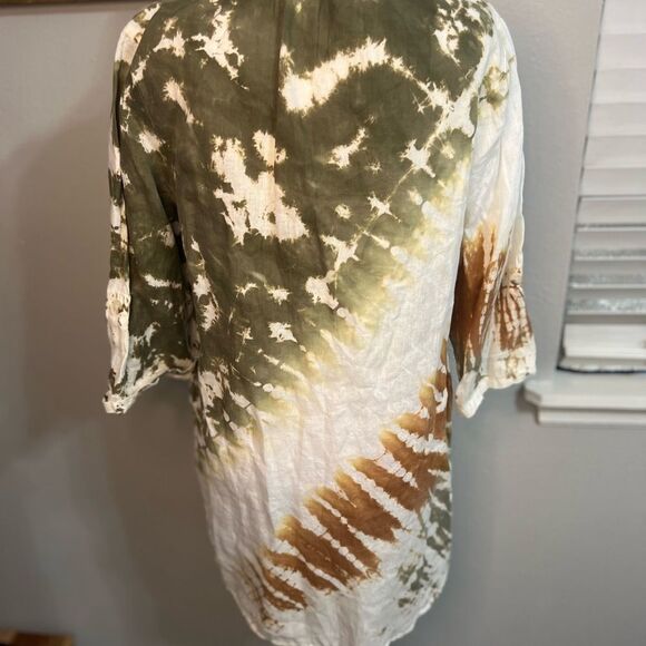 Xovi Linen Shirt Green Medium Tie Dye Tunic Length Pockets Convert Sleeves - Picture 6 of 13